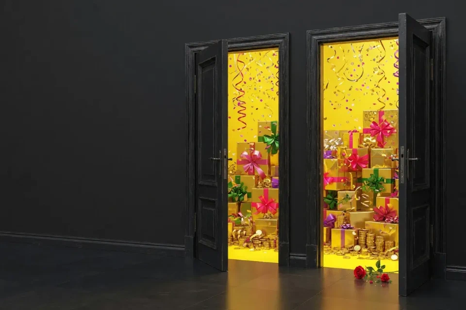 Yellow-lit entrance framed by layered charcoal panels