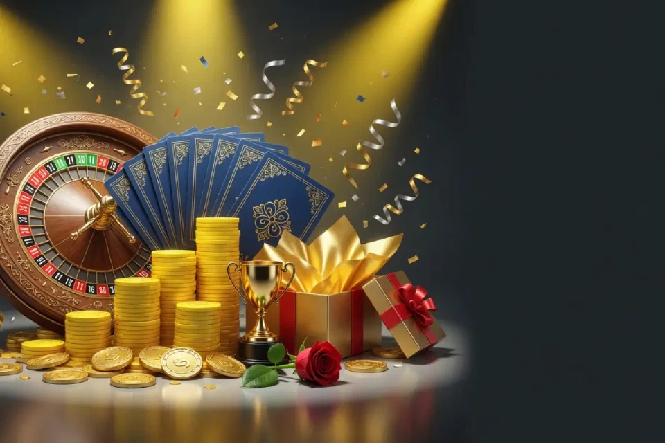 Casino-themed stage with cards, roulette and gold light