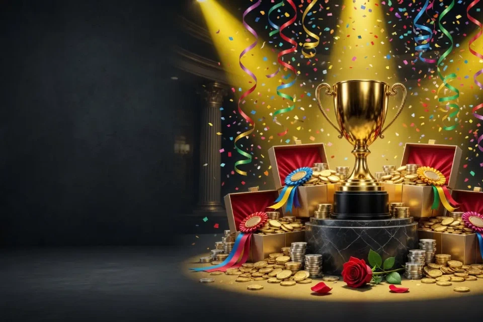 Gold trophy and confetti under yellow stadium lights
