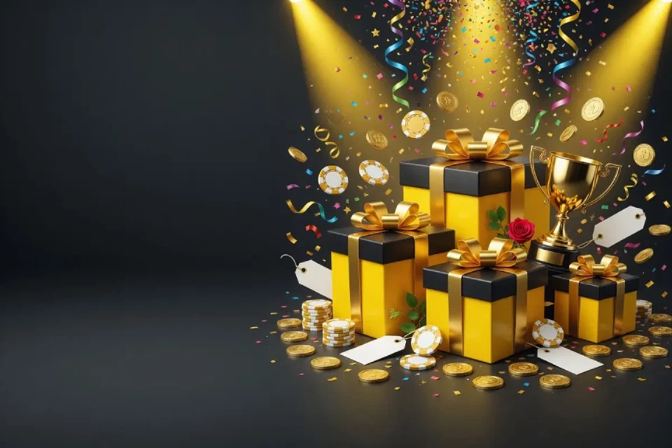 Gold-ribbon gift box on a yellow-lit stage