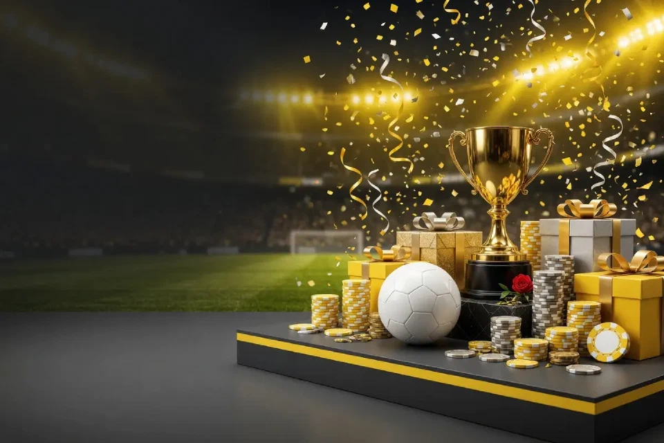 Football and trophy under stadium lights