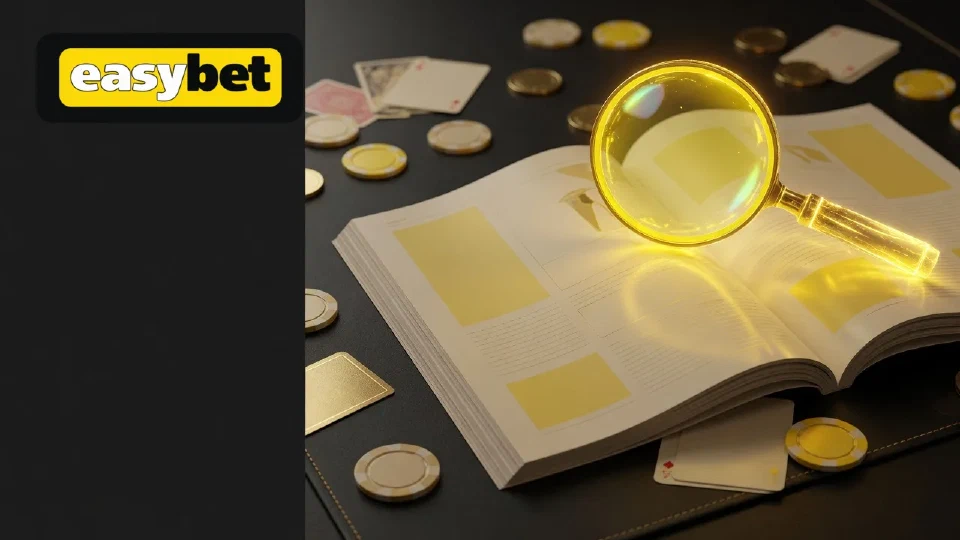 Glowing magnifying glass over an open guidebook among yellow chips and cards, with the EasyBet logo