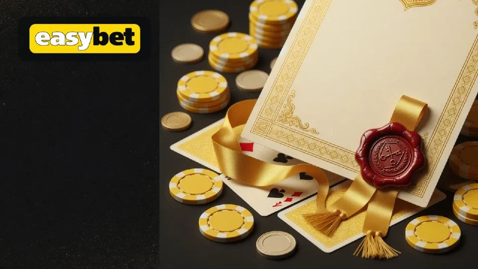 Cream certificate with a gold ribbon and red wax seal beside gold chips, with the EasyBet logo