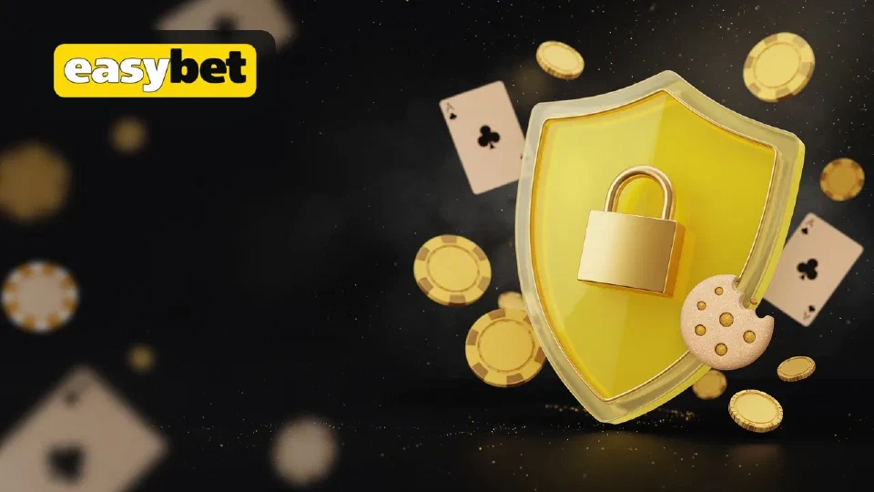 Golden shield with a padlock and a cookie among floating chips, with the EasyBet logo