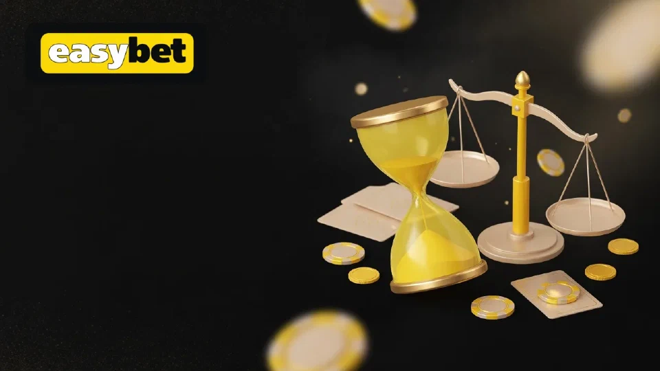 Gold scales balancing chip stacks beside an hourglass with falling chips, with the EasyBet logo