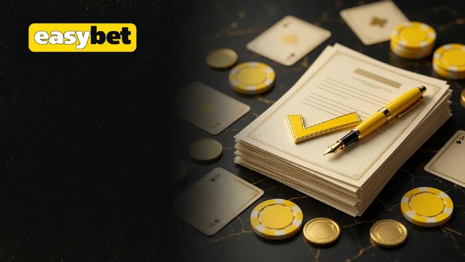 Stack of cream pages with a fountain pen and a green tick beside gold chips, with the EasyBet logo